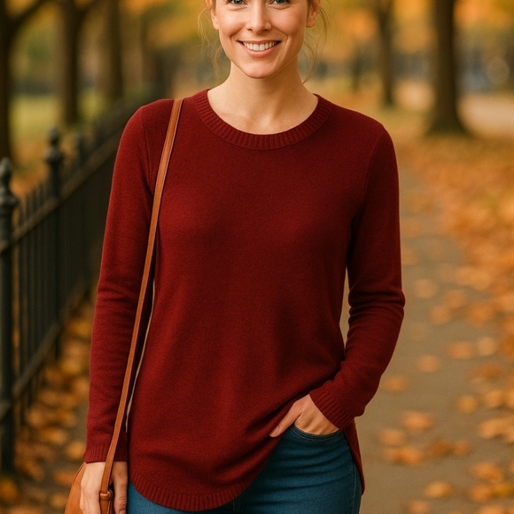 Pink Rose Maroon Long Sleeve Longline Sweater Cozy Fall Knit Everyday Style M - Picture 1 of 10